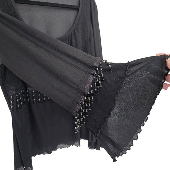 Marianne Black Sheer Beaded Fringe Top S Vintage 90s Boho Bell Sleeves - Picture 5 of 10